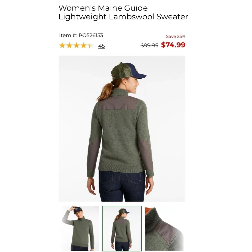 LL Bean Maine Guide Lambswool Sweater Elbow Patch Olive Sz M Quiet Luxury Preppy
